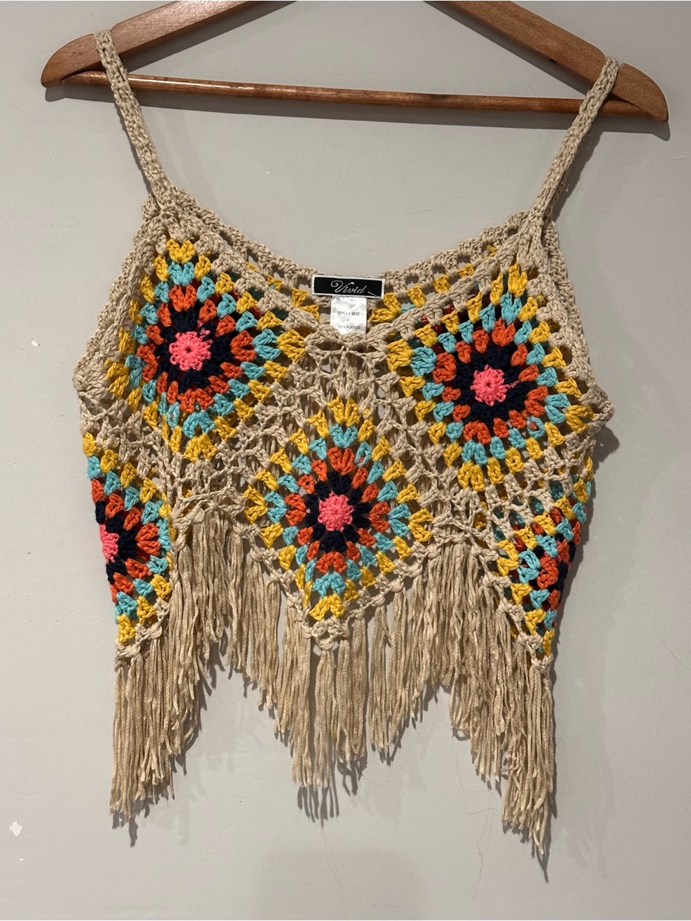 ViVi Crochet Fringe Tank Top in Beige with Yellow and Teal Accents